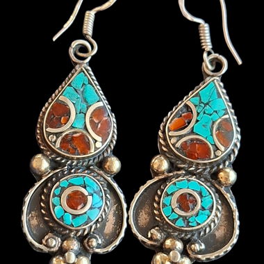 Boucles d'oreilles turquoise et corail Tibet 