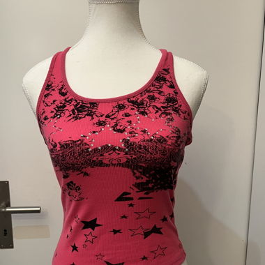 Hot Pink Y2K Tank Top with Black Print&Rhinestones
