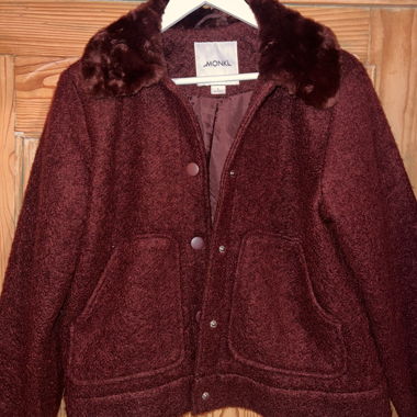 Burgundy Monki cropped jacket with faux fur collar