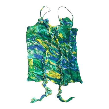 Blue-green camisole top with prints