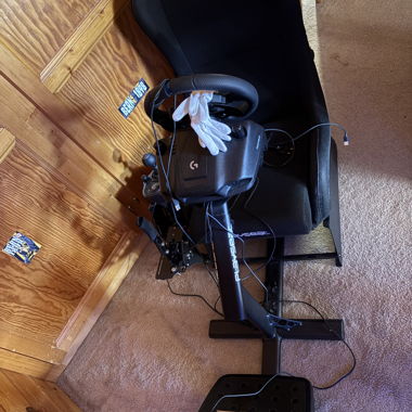 Playseat, Logitech steering wheel, pedals, shifter, handbrake