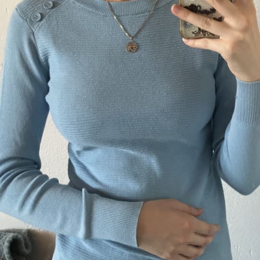 Blue sweater with shoulder button plackets