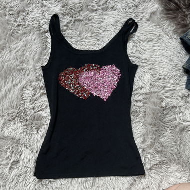 Black Sequin Double Heart Tank Top Y2K Graphic