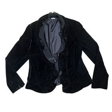Black velvet blazer with ruffle trim