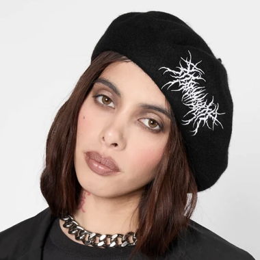 Mary Wyatt black wool beret, metal & goth