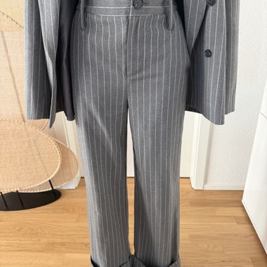 Grey pinstripe wide-leg trousers