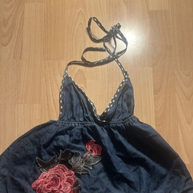 Denim Halter Top with Floral Embroidery