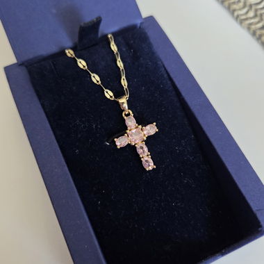 Gold cross necklace with pink stones