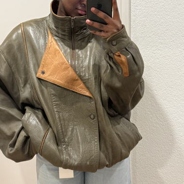 Vintage oversized leather jacket in olive green