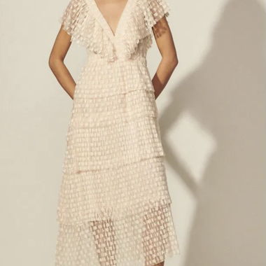 Sandro Spitzenkleid Gr. 38 creme Tüll Midikleid