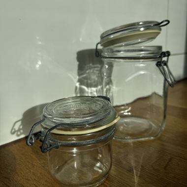 2 glass storage jars with wire bail closure