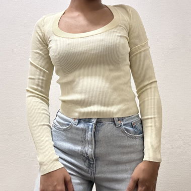 Pastel Yellow Rib Long-Sleeve Top Square Neckline
