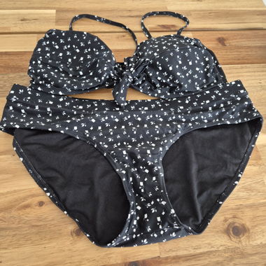 Two-Piece Bikini Black with Blue-Flower Pattern