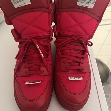 Red Off-White High-Top Sneakers
