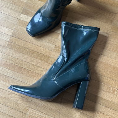 Green patent heeled ankle boots