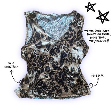 y2k cheetah & paisley print v-neck tank top blouse