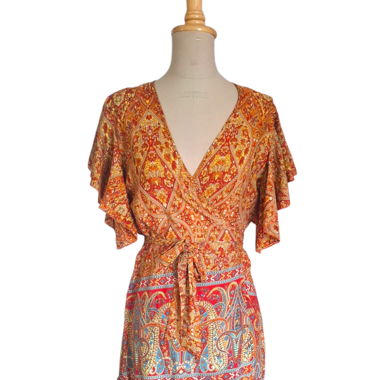 Bohemian Vintage Silk Dress Ethnic Print one size
