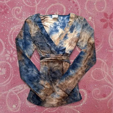 Splendido top babydoll vintage blu e marrone tie-dye