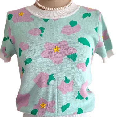 Short pastel floral short-sleeve sweater