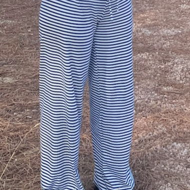 blue and white striped trousers