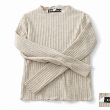 Maglietta beige a coste a maniche lunghe