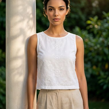 Top coton sans manches brodé