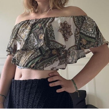Green and white floral off the shoulder top 