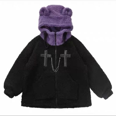 Gothic cute black teddy hooded jacket