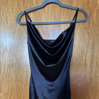 Elegant Black Satin Boohoo Dress, Summer