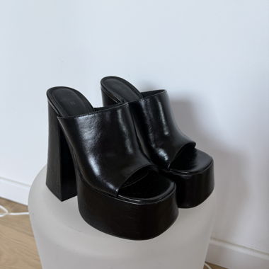 Black leather chunky platform mules