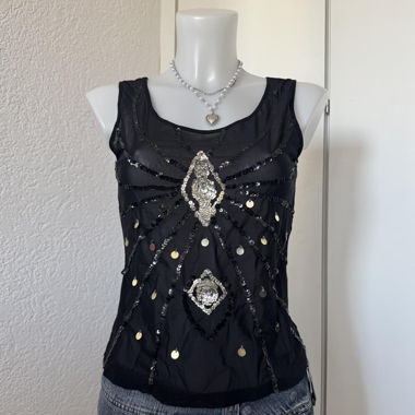 Schwarzes Vintage-Pailletten-Sommeroberteil (M)