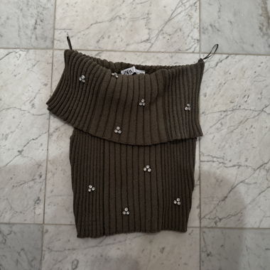 ZARA Brown ribbed knit tube top with beads