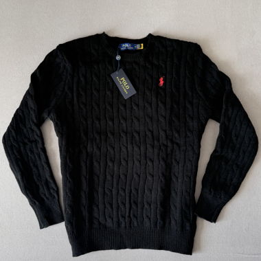 Cable Knit Sweater Polo Style – Black – New