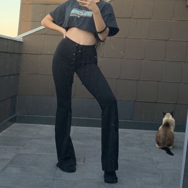 Black Flared Pants with Y2K Cord Waistband