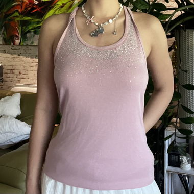 Vintage giapponese: top smanicato rosa con strass