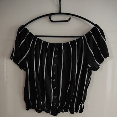 Blau-weiss getsreiftes Crop-Top, off-shoulder 