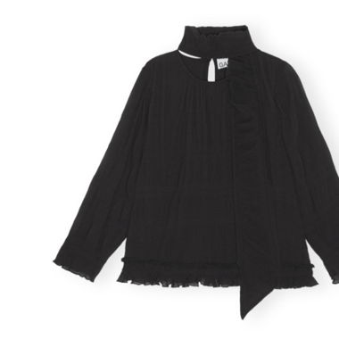 GANNI Black Pleated Georgette Scarf Blouse