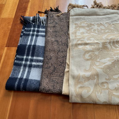 3 winter scarfs: cream, black and brown, blue