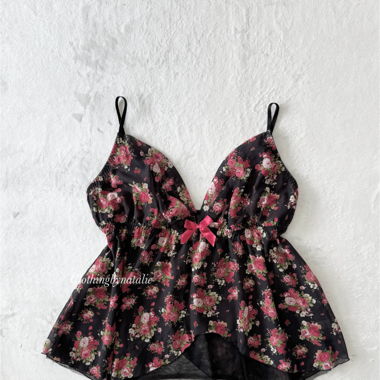 Schwarzes Blumen-Chiffon-Babydoll (XL)