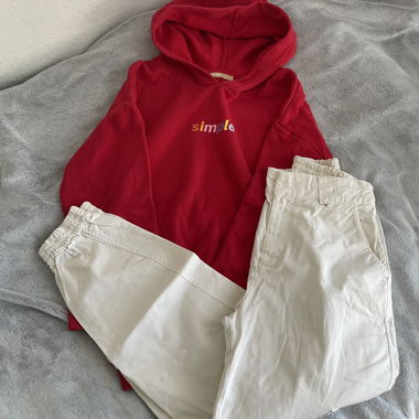 Red hoodie and white trouser set