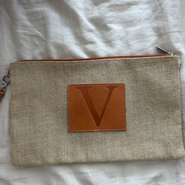 Linen Clutch with V Emblem
