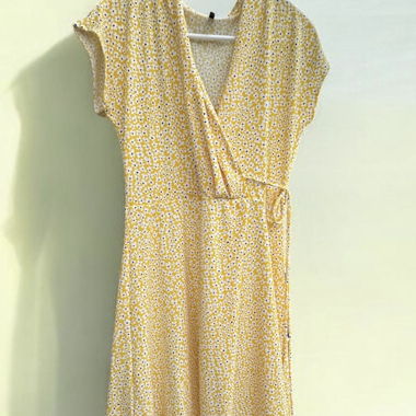 Yellow Wrap Dress with Floral Pattern