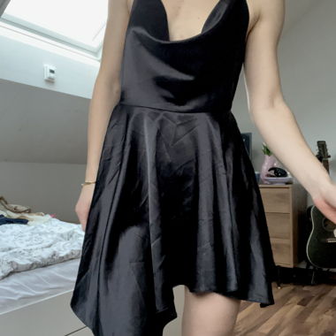 Asymmetric, backless satin dress