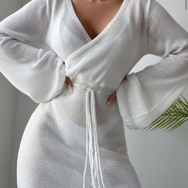 Damen Wickelkleid Strick weiss - Grösse S/M