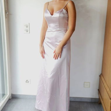 Long pink satin evening dress