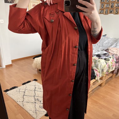 Rust red long shirt dress with metal buttons