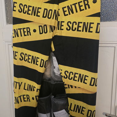 Printed legging trousers with "DO NOT ENTER" tape
