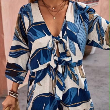 Floral Tie-Front Romper Blue beige S 36