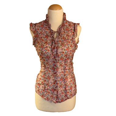 Blusa rosa con fiori e balze in 100% cotone