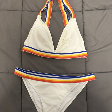 White bikini with rainbow stripes